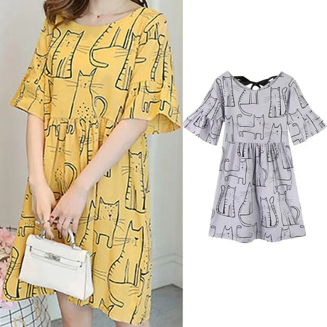 Loose Korean cartoon cat maternity dress in yellow and gray, knee-length, short sleeves, perfect for summer.