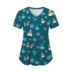 Christmas cartoon nurse scrubs with festive patterns of mittens, cups, and snowflakes in teal color for women.