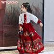 Summer Hanfu girls dress with embroidered skirt, featuring a stylish white blouse and vibrant red skirt, perfect for little girls.