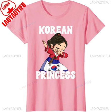 Korean Princess Cotton T-Shirt in pink with cartoon design, perfect for women seeking stylish and comfortable vintage tops.