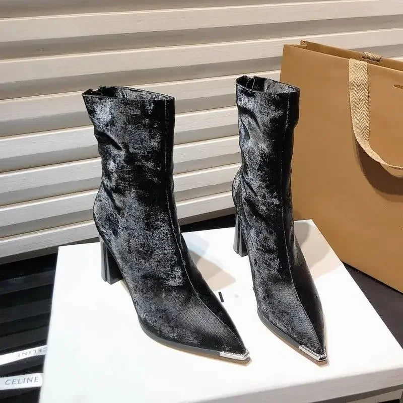 Women Mid Calf Boots Leather Cowboy Heels