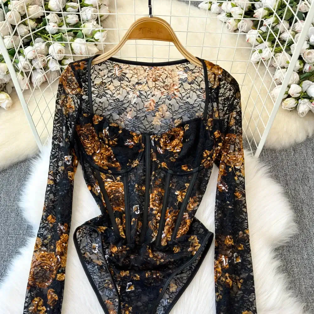 Women Square Neck Mesh Print Bodysuit