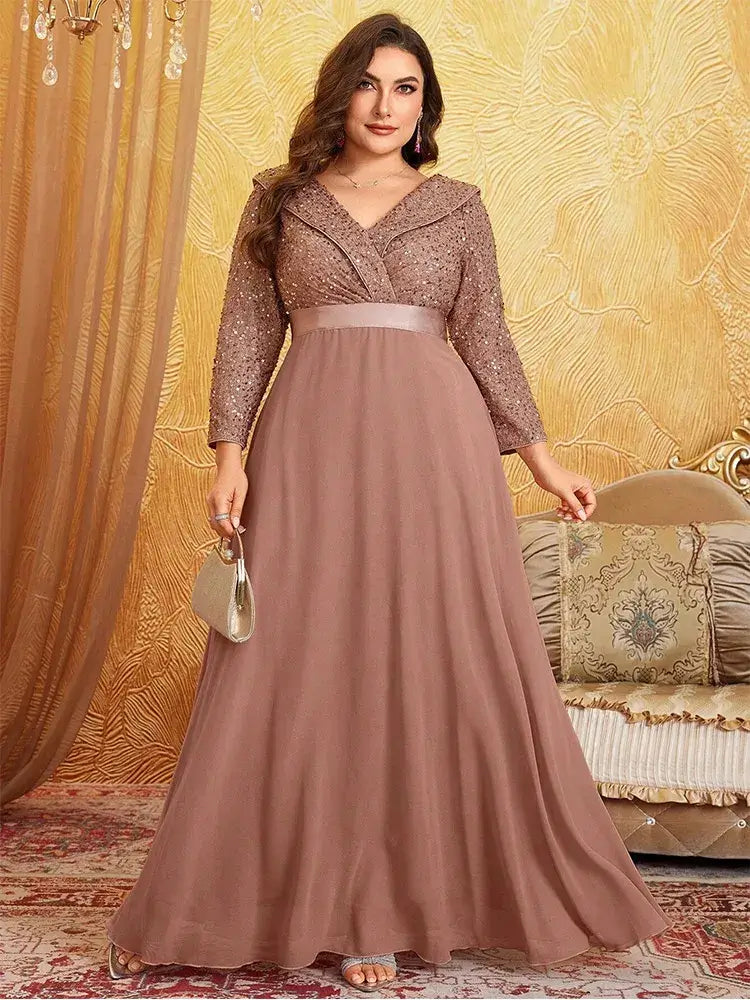 Women Plus Size Chiffon Sequin Long Sleeve Evening Dress
