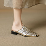 Women Mules Leather Block Heel Sandals