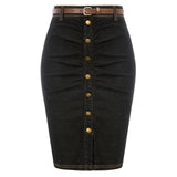 BuckleCurve™ – Ruched Belt Bodycon Skirt (High Waist Retro Denim)