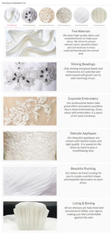 Collage of wedding gown materials showing beading, embroidery, appliques, ruching, and lining techniques.