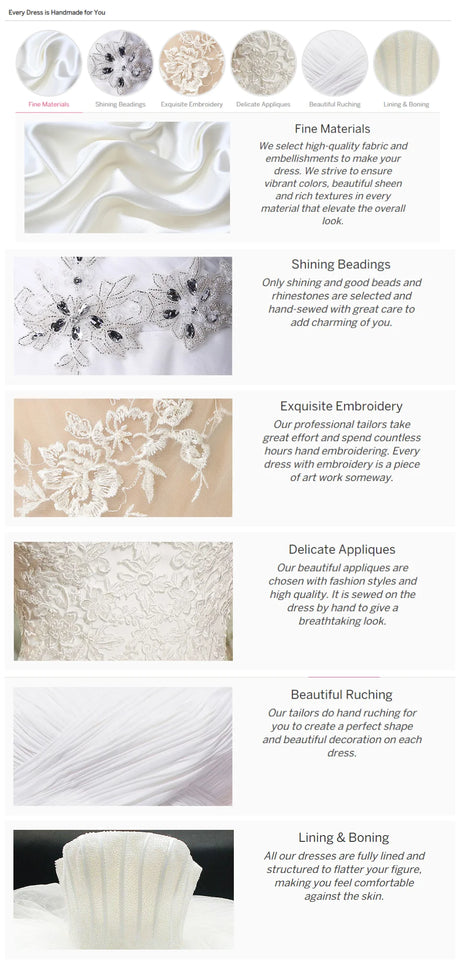 Collage of wedding gown materials showing beading, embroidery, appliques, ruching, and lining techniques.