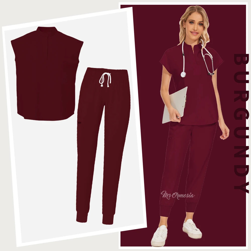 Burgundy elastic medical scrub set featuring a collared top and drawstring pants, suitable for healthcare workers.