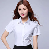 KoreLux™ White Short Sleeve Shirt for women, featuring a slim fit design and turn-down collar, perfect for office wear.