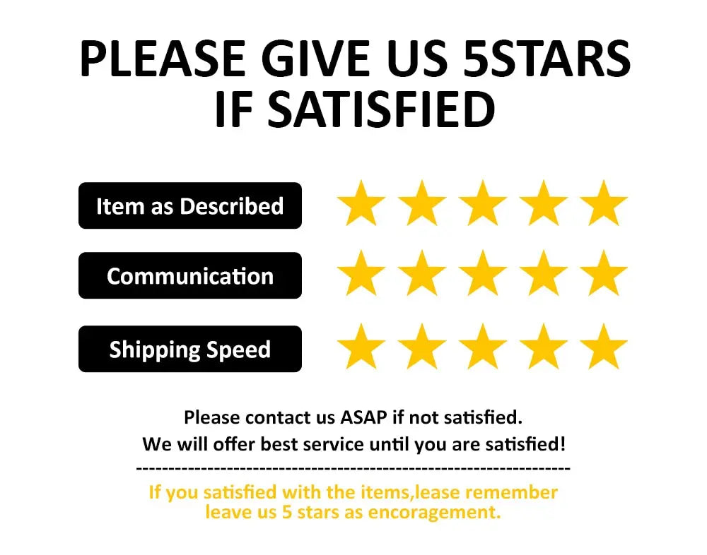 Customer satisfaction request with five-star ratings for item description, communication, and shipping speed.