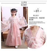Modern Fairy Hanfu girls cosplay dress in pink, featuring floral embroidery and elegant sleeves, perfect for kids' costumes.