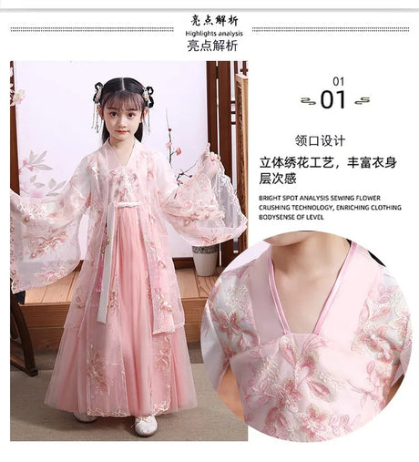 Modern Fairy Hanfu girls cosplay dress in pink, featuring floral embroidery and elegant sleeves, perfect for kids' costumes.