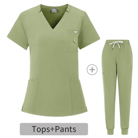 Summer breathable coveralls set for women, featuring a V-neck top and comfy pants, ideal for medical professionals.