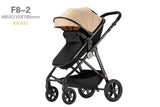 High-view four-wheel baby stroller in khaki, suitable for ages 0-3 years, foldable and lightweight design.