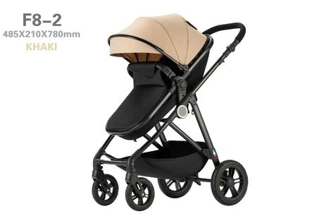 High-view four-wheel baby stroller in khaki, suitable for ages 0-3 years, foldable and lightweight design.