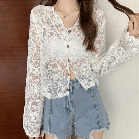 SheerCharm™ Long Sleeve Lace Sun Shirt, lightweight summer blouse with V-neck and button closure, perfect for women.