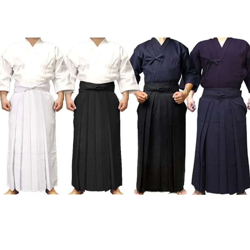 Kendo hakama kimono martial arts skirt pants available in white, black, and navy for women, men, and girls.