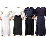 Kendo hakama kimono martial arts skirt pants available in white, black, and navy for women, men, and girls.