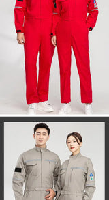 Two models wearing anti-static flame-resistant welding suits in red and gray, showcasing durable pure cotton workwear.