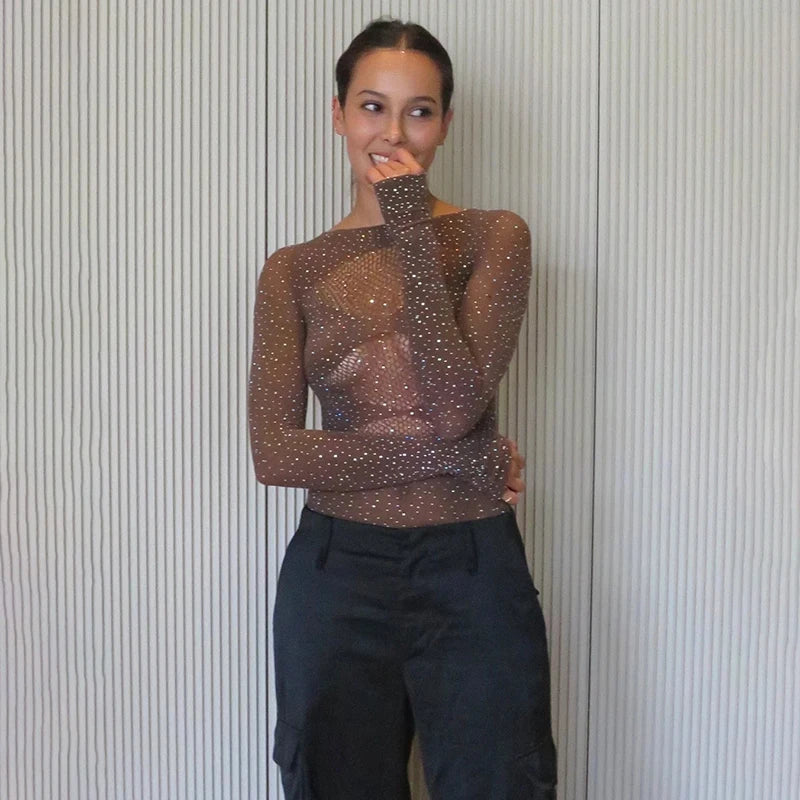 Women's Knitted Rhinestone Long Sleeve Bodysuit – Sexy Y2K Outfit