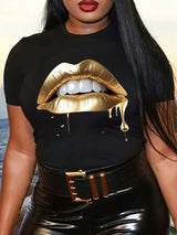 Women Lips Print T-Shirt Short Sleeve Casual Tee