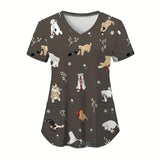 Cartoon animal scrubs women’s vet top featuring playful bear designs on a dark gray background.