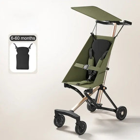 Lightweight travel stroller suitable for children 6-60 months, with a foldable design and all-terrain wheels.