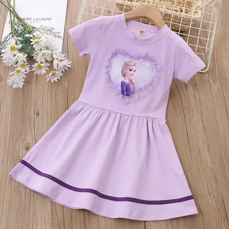 Girls summer dress featuring a heart design with a cartoon princess, knee-length, short-sleeve, made of cotton.