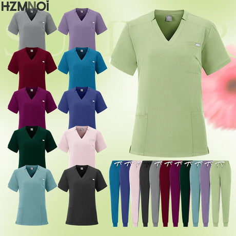 Multicolor pet clinic scrub set featuring short sleeve tops and pants in various colors for women.