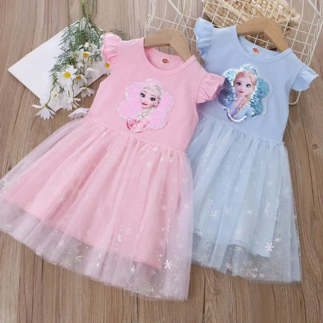 Girls summer princess dresses in pink and blue with character designs, perfect for ages 4-6Y, knee-length cotton dresses.