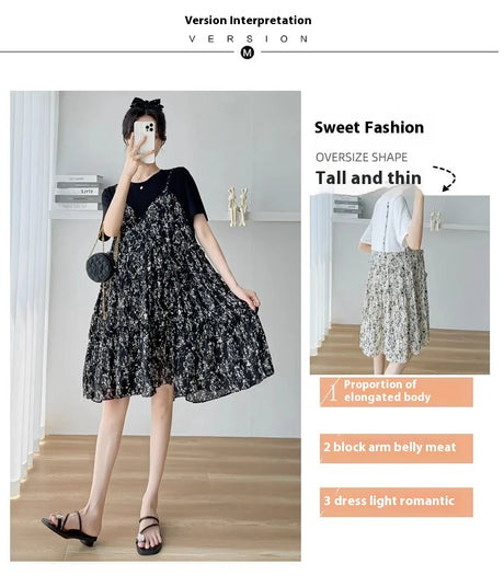 Model showcasing a stylish black and white floral dress, highlighting sweet fashion and a tall, elongated shape.