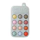 Silicone baby teether glove shaped like a phone with colorful buttons and 'HELLO' text, perfect for soothing teething pain.