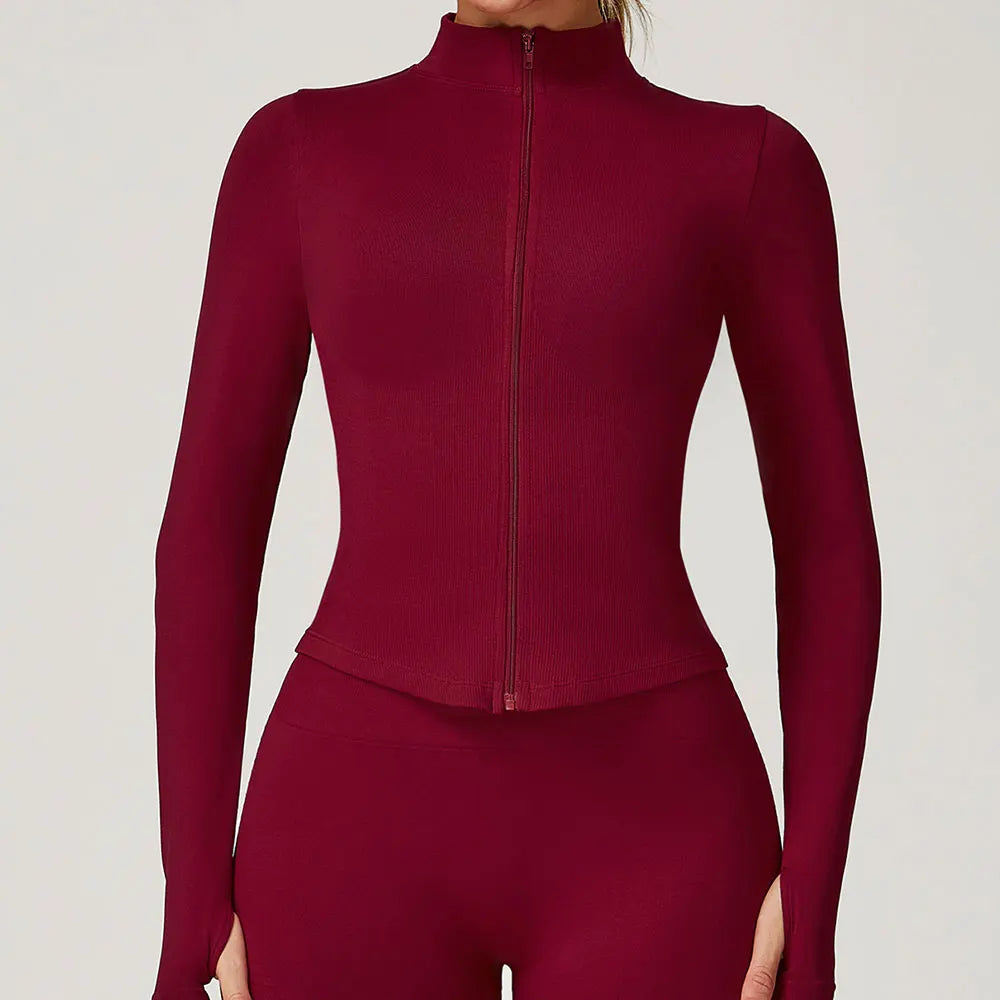 Ribbed Women's Yoga Jacket – Long Sleeve Standing Collar Fitness Top