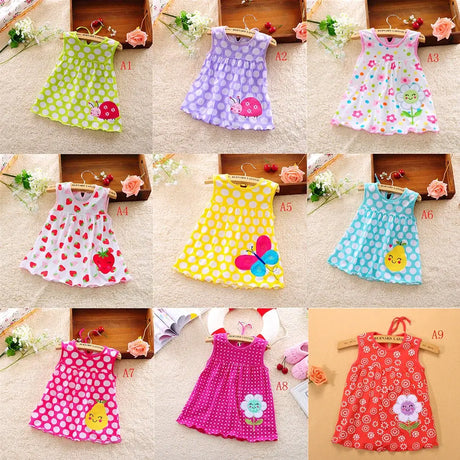 Variety of baby girls' cotton sleeveless dresses featuring floral and polka dot patterns, ideal for summer wear.