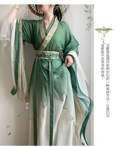 Bamboo Green Hanfu dress featuring flowing sleeves and intricate details, perfect for parties or cosplay, showcasing vintage elegance.