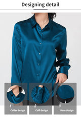Detail image of SatinGrace silk shirt showcasing collar, cuff, and hem designs, in a rich teal color.