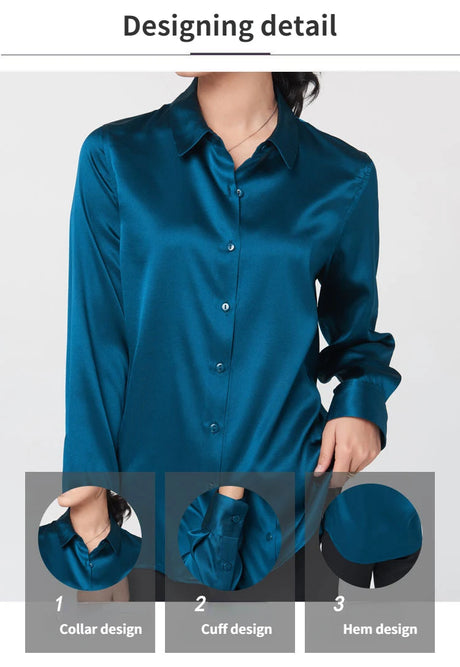 Detail image of SatinGrace silk shirt showcasing collar, cuff, and hem designs, in a rich teal color.