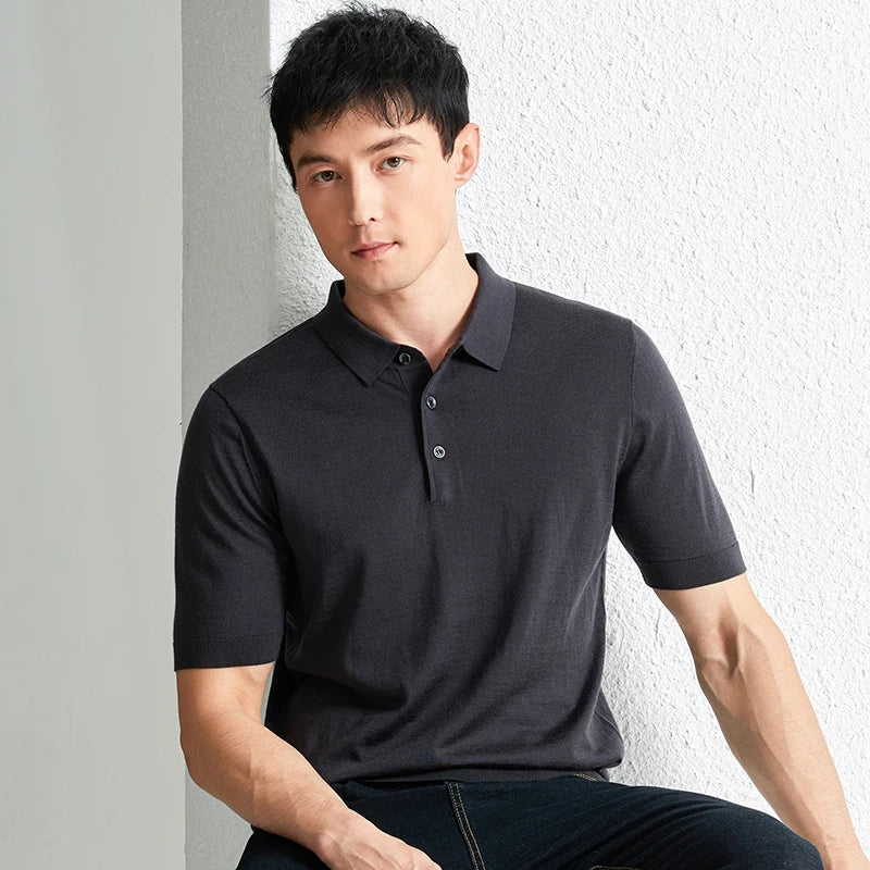Men Short Sleeve Wool Polo Knit