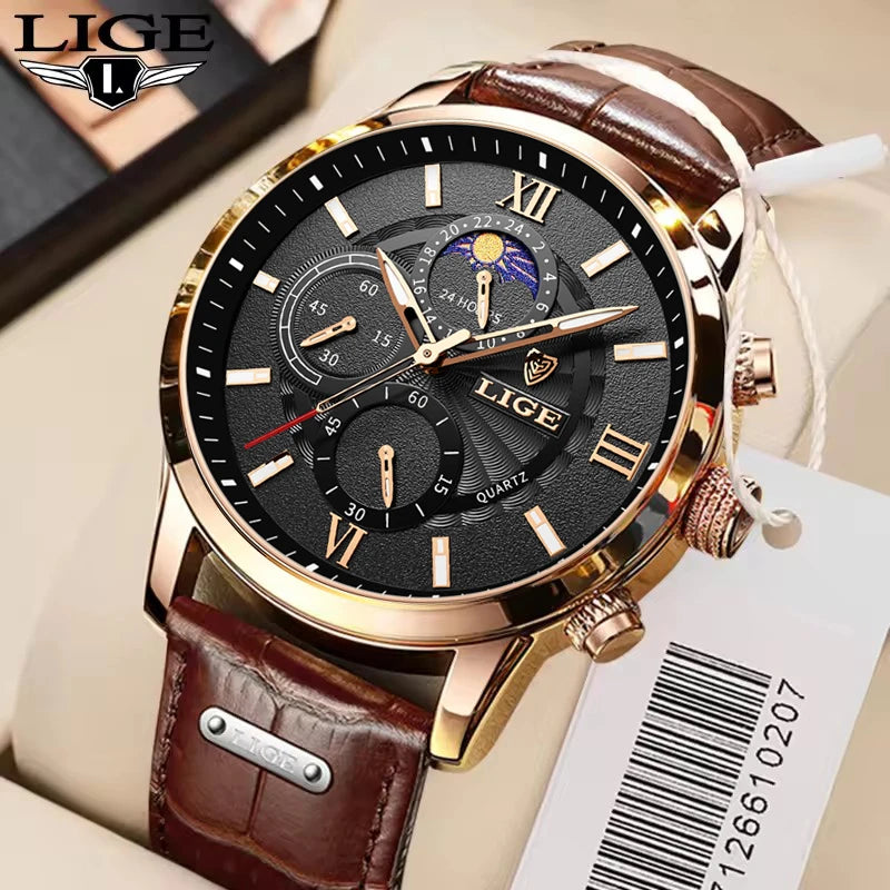 LIGE Men’s Leather Quartz Sports Watch