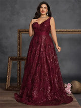 Women Plus Size V-Back Sequin Evening Cocktail Dress