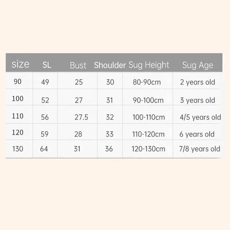 Size chart for cute summer dresses for girls, showing measurements for ages 2 to 7/8 years.