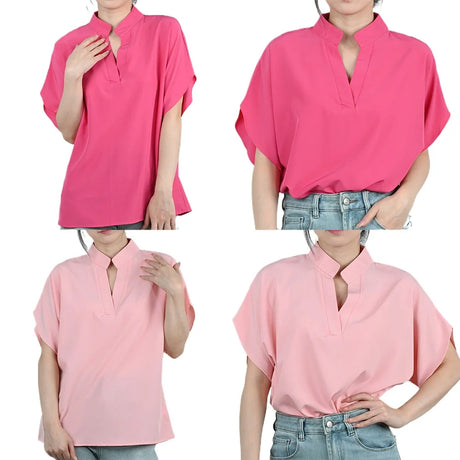 FlareFemme V-Neck summer blouse in pink tones showcasing loose fit and short flare sleeves for women.