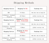 Table showing shipping methods, times, and tracking sites for USA, France, Spain, Netherlands, and other countries.