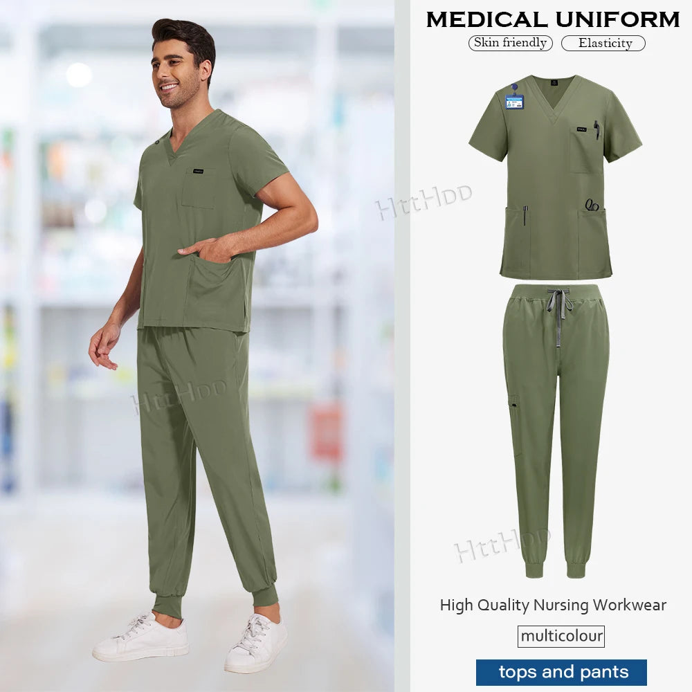 High-quality medical uniform set in olive green, featuring short-sleeved top and matching pants, suitable for nursing and healthcare.