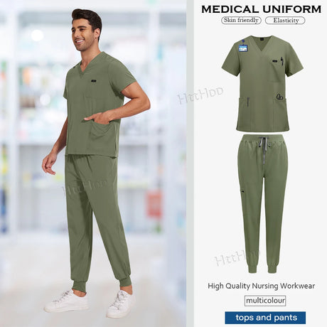 High-quality medical uniform set in olive green, featuring short-sleeved top and matching pants, suitable for nursing and healthcare.