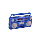 Blue retro boombox cassette player with adjustable handle and speaker grills, ideal for nostalgic music lovers.