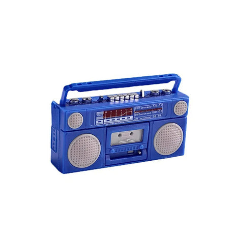 Blue retro boombox cassette player with adjustable handle and speaker grills, ideal for nostalgic music lovers.