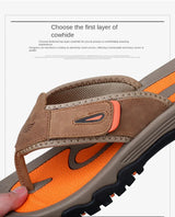 Men Cow Leather Beach Flip Flops Sandals