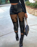 Women Mesh PU Leather Skinny Pants