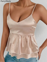 Ruffle Strap V-Neck Backless Crop Top in satin fabric for women, perfect for summer and club wear.